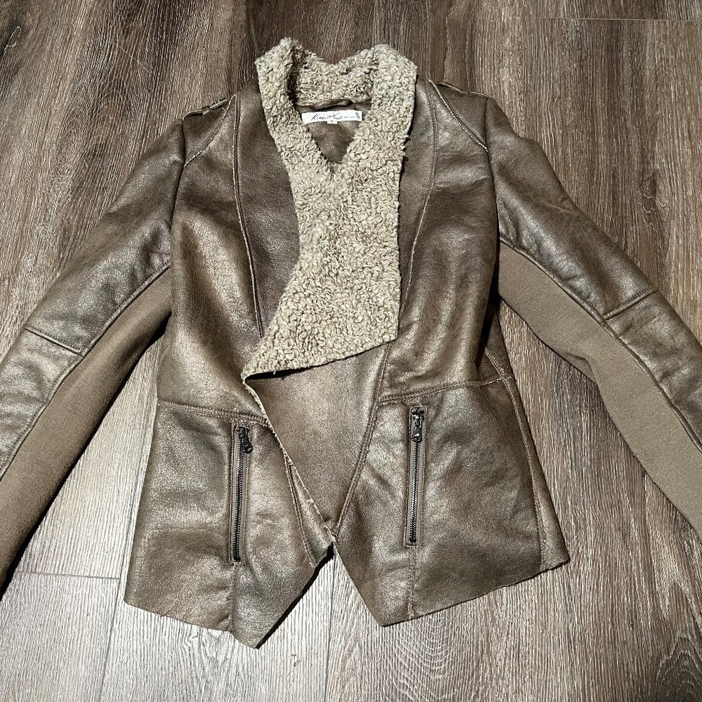 Kenneth Cole Jacket Gray Open Front Draped Shearling Wrap Faux Leather Small